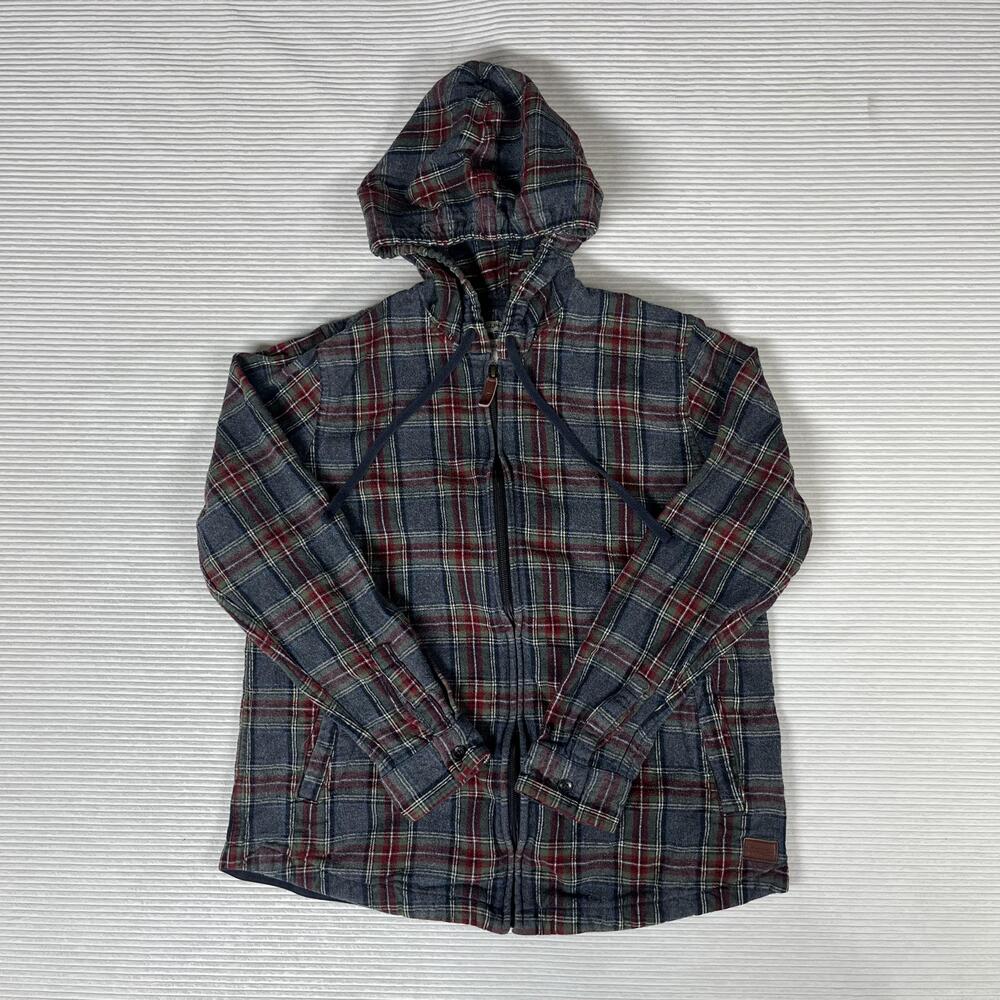 L.L. Bean Jacket Mens Small Gray Plaid Hooded Flannel Full Zip Lined Pockets
